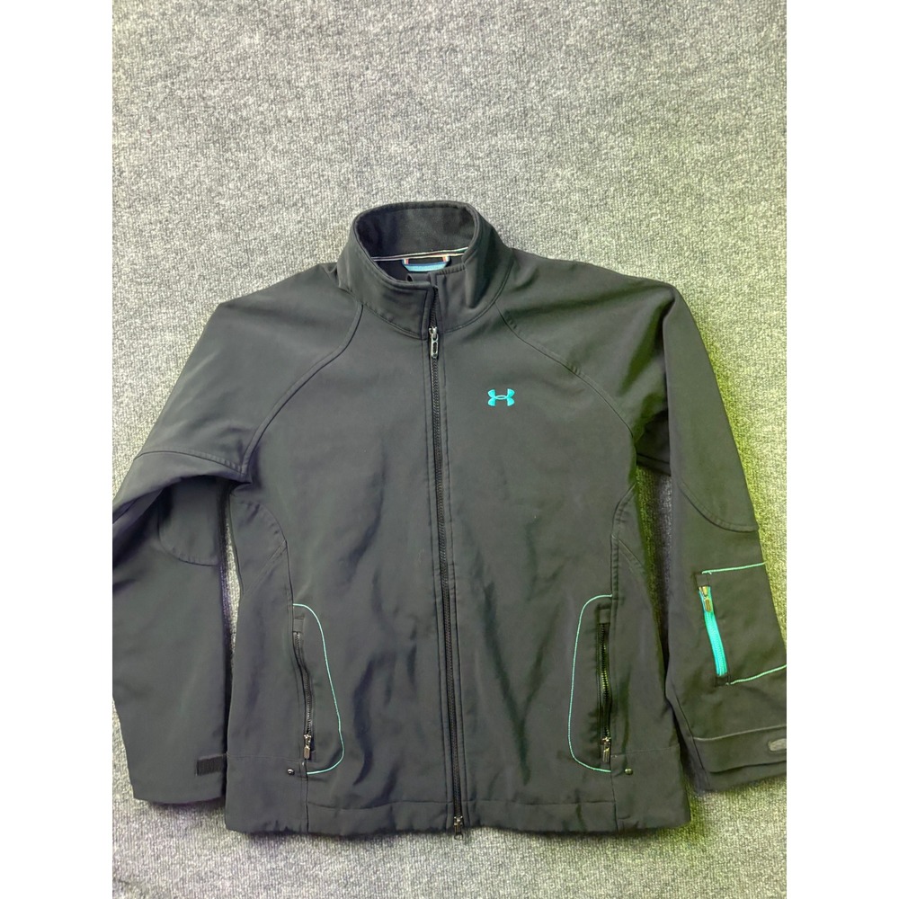 Under Armour Softshell Jacket Womens Large Black Teal Full‎ Zip Fleece Lined